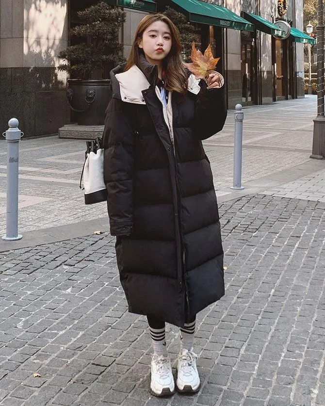 Women White Hooded Quilted Puffer Coat Black Oversize Winter Parka Coat