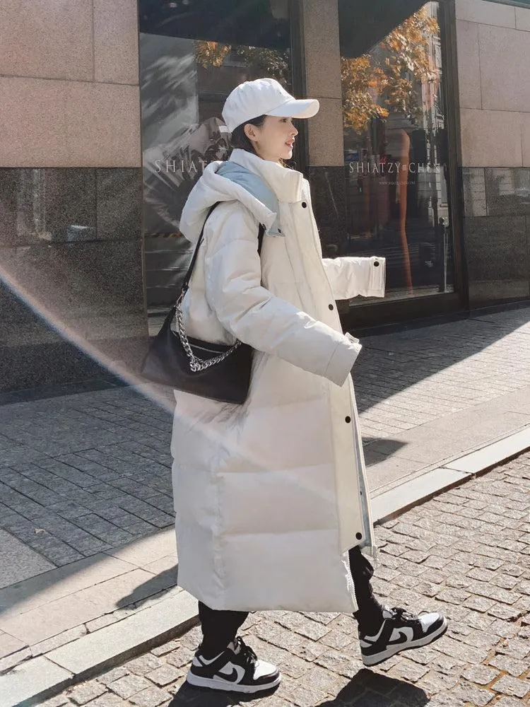 Women White Hooded Quilted Puffer Coat Black Oversize Winter Parka Coat