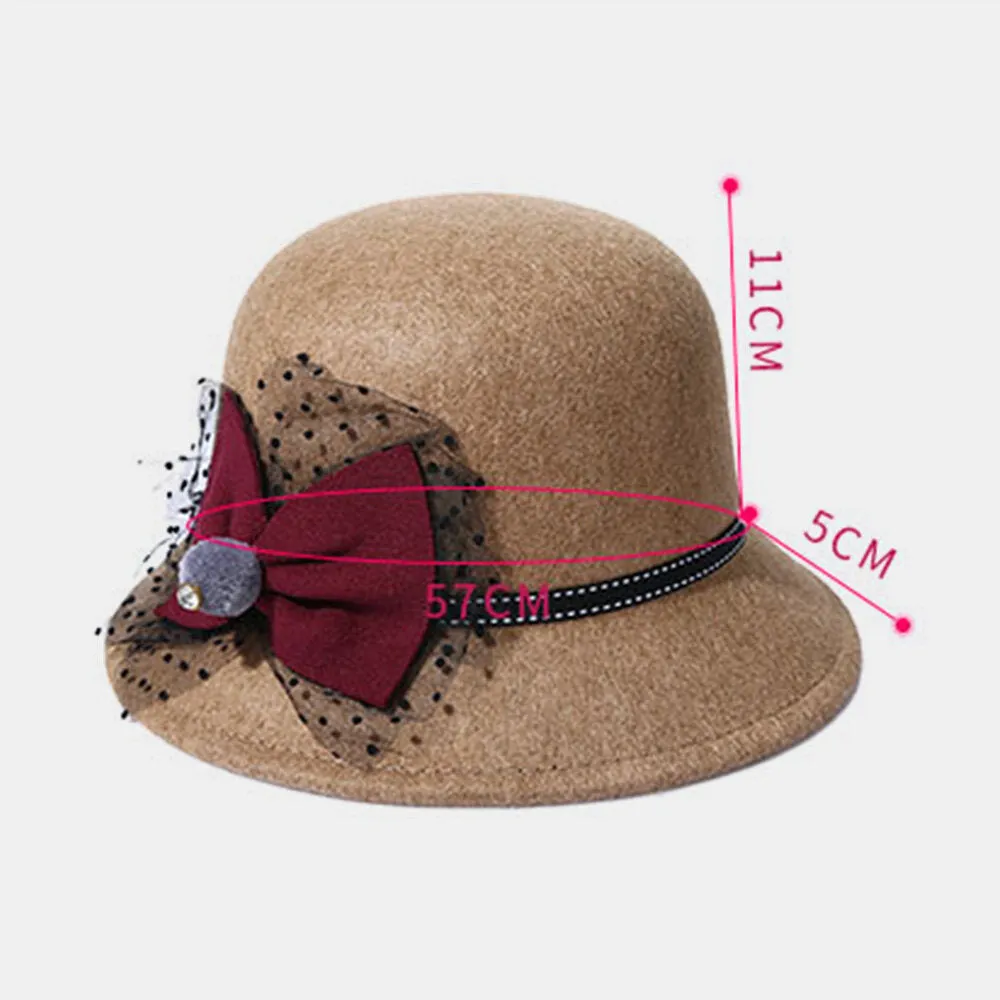 Women Winter Outdoor Cool Protection Warm Top Hat Felt Bow Decoration Lace Fedora Hat Bucket Hat