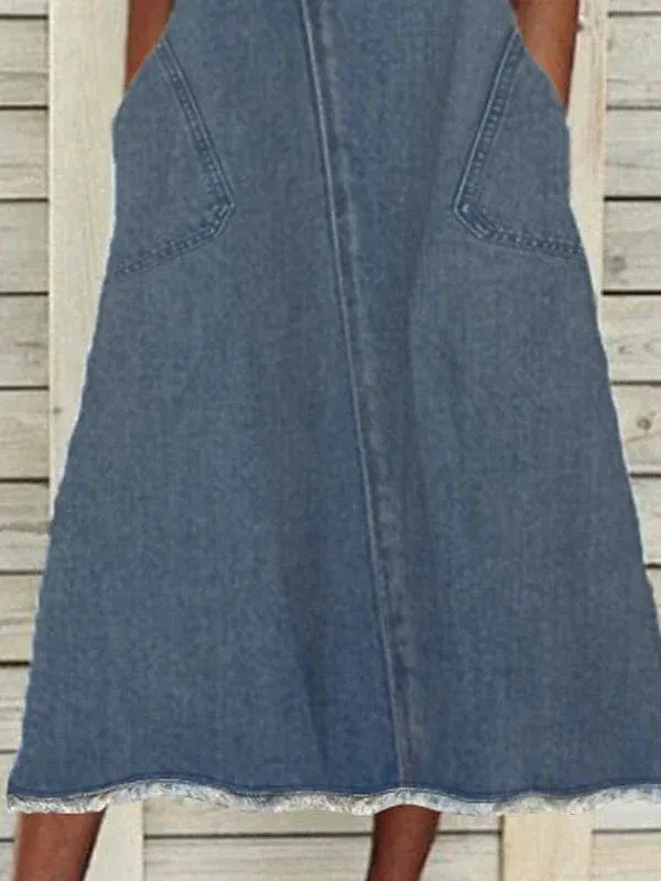 Women's Sleeveless Denim Maxi Dress with Pockets