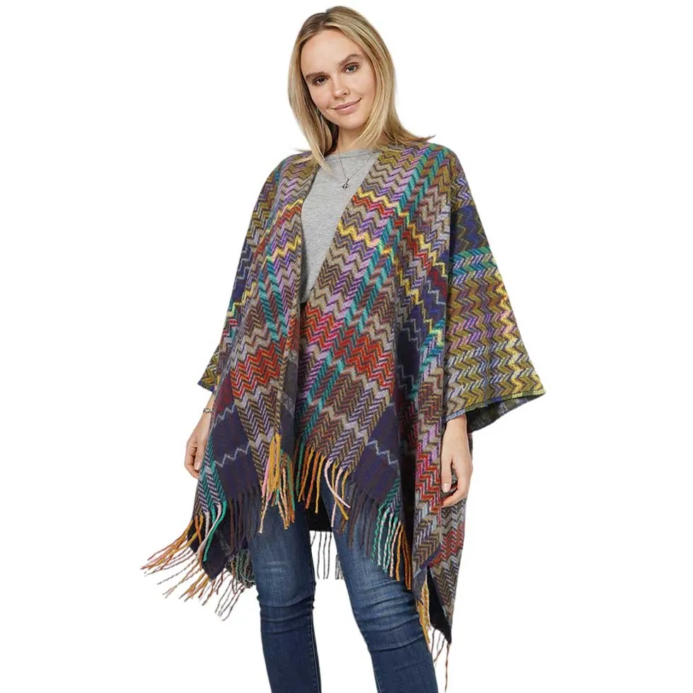 Zigzag Chevron Patterned Tassel Poncho