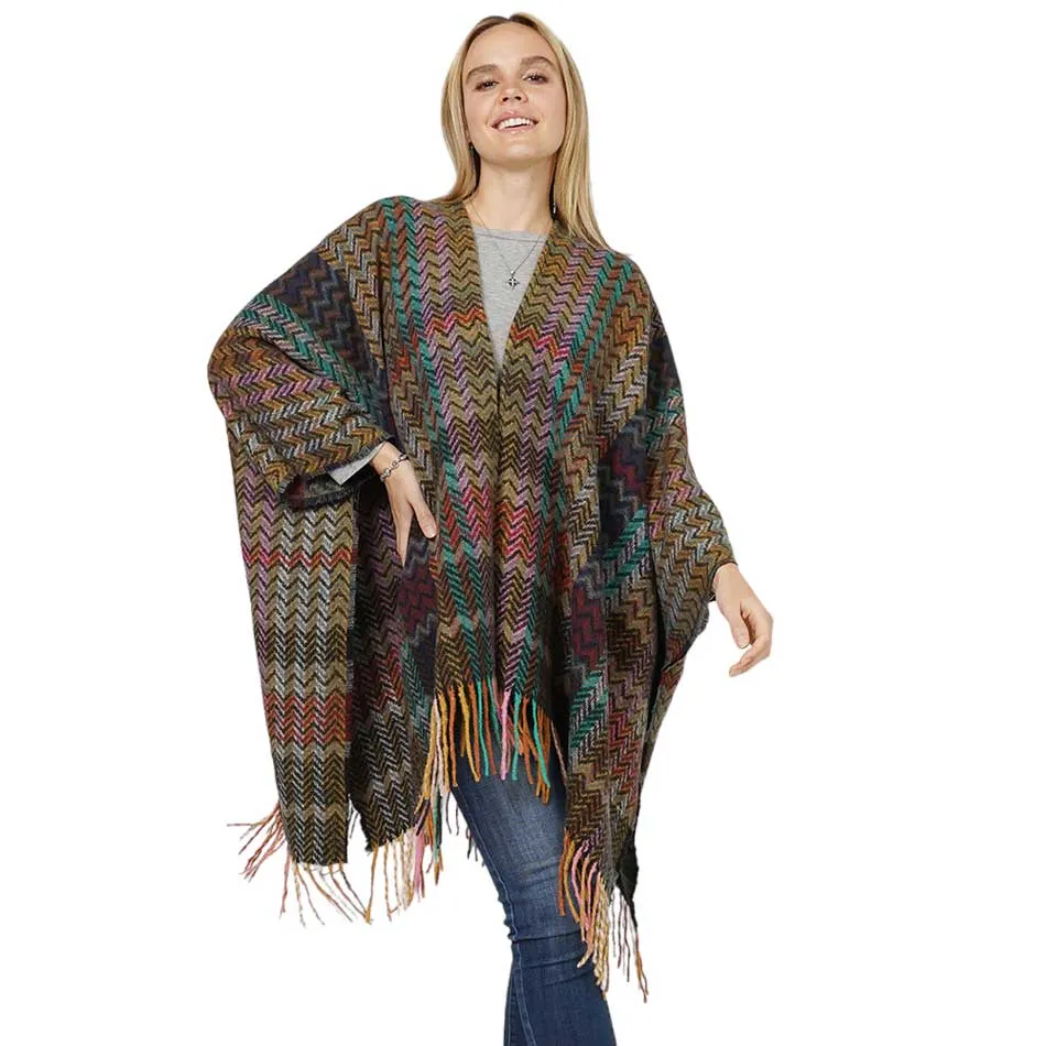 Zigzag Chevron Patterned Tassel Poncho