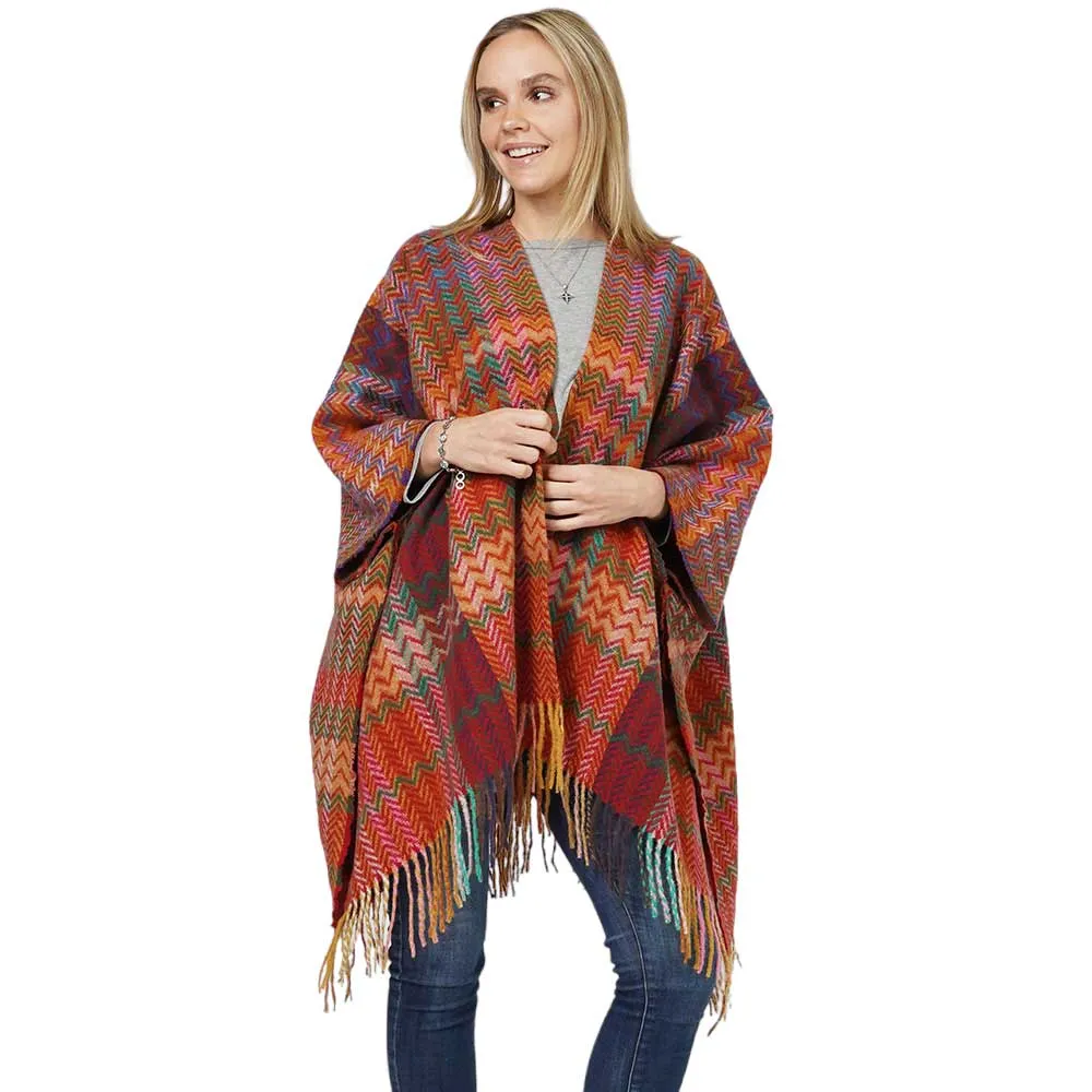 Zigzag Chevron Patterned Tassel Poncho